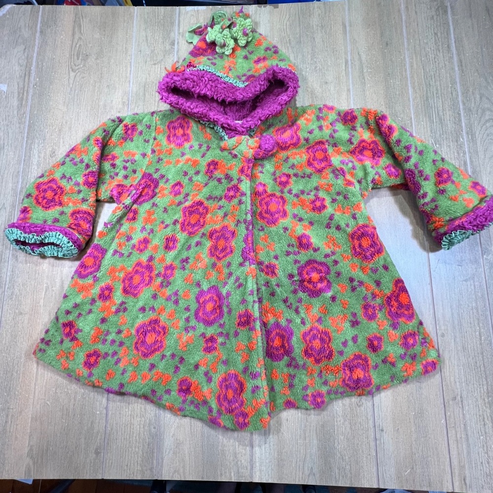 Corky & Company Green Pink Floral Fleece Hooded Coat Jacket‎ Girls 6X 5382
